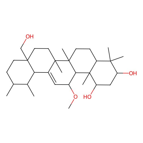 2D Structure of (1R,3S,6aR,6bS,8aS,11R,12S,12aS,14R,14bS)-8a-(hydroxymethyl)-14-methoxy-4,4,6a,6b,11,12,14b-heptamethyl-2,3,4a,5,6,7,8,9,10,11,12,12a,14,14a-tetradecahydro-1H-picene-1,3-diol