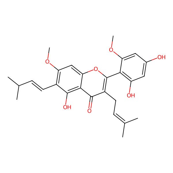 2D Structure of 2-(2,4-dihydroxy-6-methoxyphenyl)-5-hydroxy-7-methoxy-6-[(E)-3-methylbut-1-enyl]-3-(3-methylbut-2-enyl)chromen-4-one