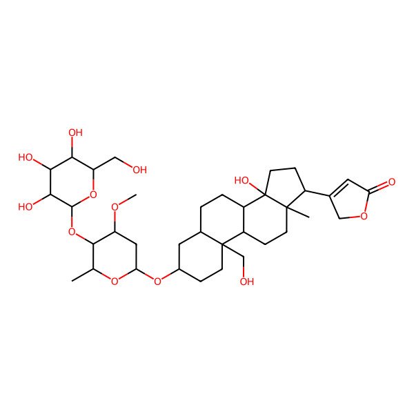 2D Structure of 3-[(3S,5R,8R,9S,10R,13R,14S,17R)-14-hydroxy-10-(hydroxymethyl)-3-[(2R,4S,5R,6R)-4-methoxy-6-methyl-5-[(2S,3R,4S,5S,6R)-3,4,5-trihydroxy-6-(hydroxymethyl)oxan-2-yl]oxyoxan-2-yl]oxy-13-methyl-1,2,3,4,5,6,7,8,9,11,12,15,16,17-tetradecahydrocyclopenta[a]phenanthren-17-yl]-2H-furan-5-one