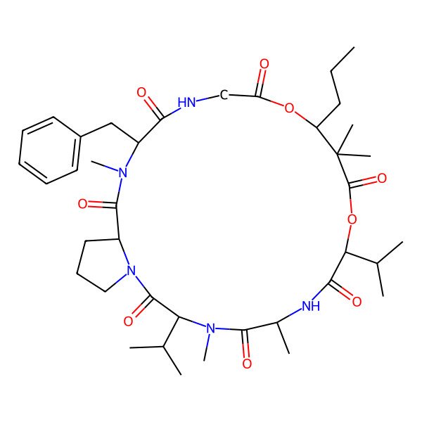 2D Structure of (3S,6S,9S,13S,19R,22S)-19-benzyl-4,6,12,12,20-pentamethyl-3,9-di(propan-2-yl)-13-propyl-10,14-dioxa-1,4,7,17,20-pentazabicyclo[20.3.0]pentacosane-2,5,8,11,15,18,21-heptone
