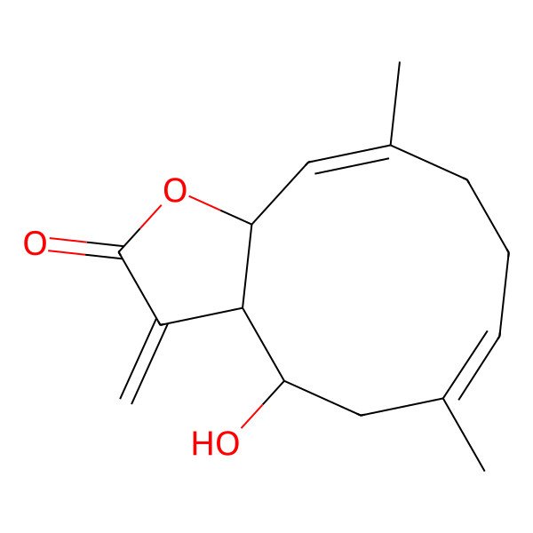 2D Structure of (3aR,11aR)-4-hydroxy-6,10-dimethyl-3-methylidene-3a,4,5,8,9,11a-hexahydrocyclodeca[b]furan-2-one