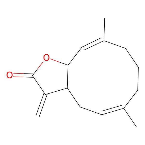 2D Structure of (3aR,5E,10Z,11aS)-6,10-dimethyl-3-methylidene-3a,4,7,8,9,11a-hexahydrocyclodeca[b]furan-2-one
