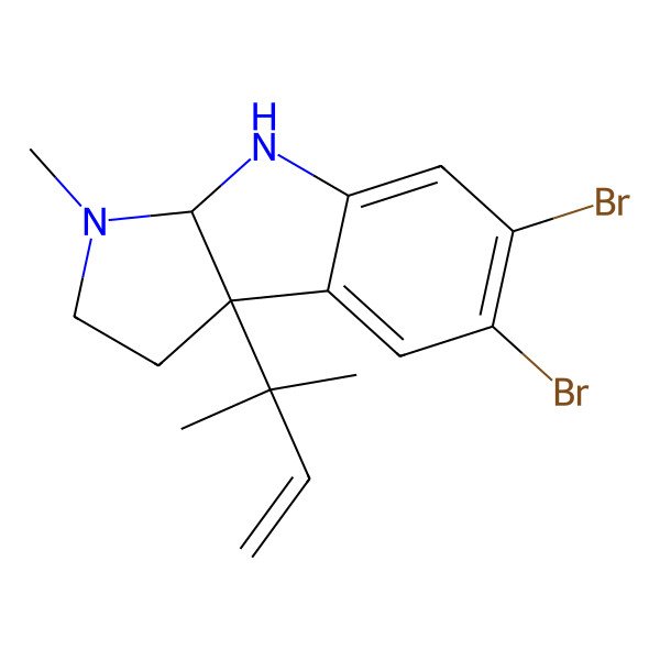 2D Structure of (3aR,8bS)-6,7-dibromo-3-methyl-8b-(2-methylbut-3-en-2-yl)-1,2,3a,4-tetrahydropyrrolo[2,3-b]indole