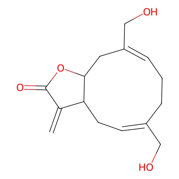 2D Structure of (3aS,11aS)-6,10-bis(hydroxymethyl)-3-methylidene-3a,4,7,8,11,11a-hexahydrocyclodeca[b]furan-2-one