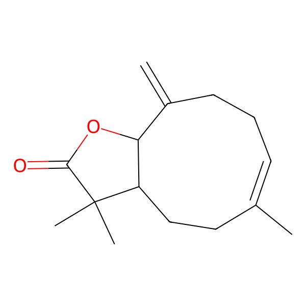 2D Structure of (3aS,6E,10aS)-3,3,6-trimethyl-10-methylidene-3a,4,5,8,9,10a-hexahydrocyclonona[b]furan-2-one