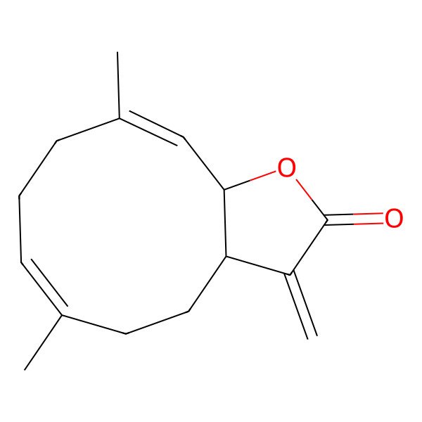 2D Structure of (3aS,6Z,10E,11aS)-6,10-dimethyl-3-methylidene-3a,4,5,8,9,11a-hexahydrocyclodeca[b]furan-2-one