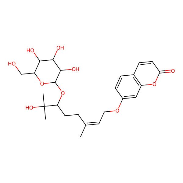 2D Structure of 7-[7-Hydroxy-3,7-dimethyl-6-[3,4,5-trihydroxy-6-(hydroxymethyl)oxan-2-yl]oxyoct-2-enoxy]chromen-2-one