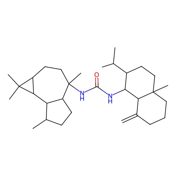 2D Structure of 1-[(1aR,4R,4aR,7R,7aR,7bS)-1,1,4,7-tetramethyl-2,3,4a,5,6,7,7a,7b-octahydro-1aH-cyclopropa[e]azulen-4-yl]-3-[(1S,2S,4aR,8aS)-4a-methyl-8-methylidene-2-propan-2-yl-1,2,3,4,5,6,7,8a-octahydronaphthalen-1-yl]urea
