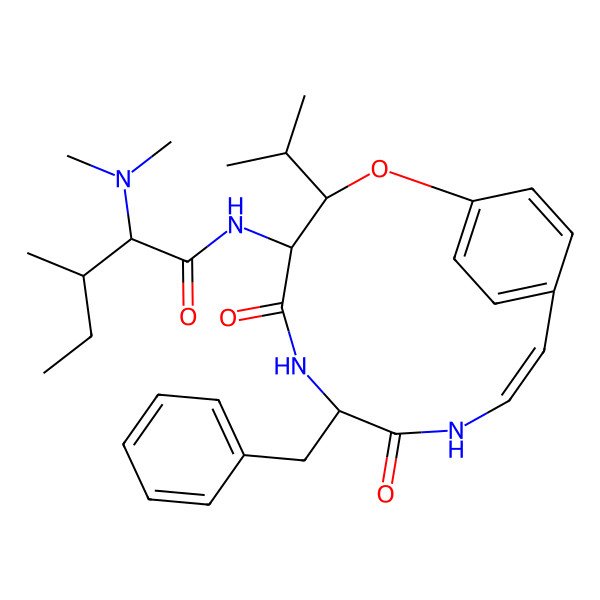 2D Structure of (2S,3R)-N-[(3S,4S,7S,10E)-7-benzyl-5,8-dioxo-3-propan-2-yl-2-oxa-6,9-diazabicyclo[10.2.2]hexadeca-1(14),10,12,15-tetraen-4-yl]-2-(dimethylamino)-3-methylpentanamide