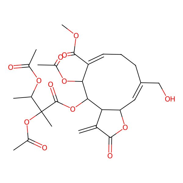 2D Structure of Methyl 5-acetyloxy-4-(2,3-diacetyloxy-2-methylbutanoyl)oxy-10-(hydroxymethyl)-3-methylidene-2-oxo-3a,4,5,8,9,11a-hexahydrocyclodeca[b]furan-6-carboxylate