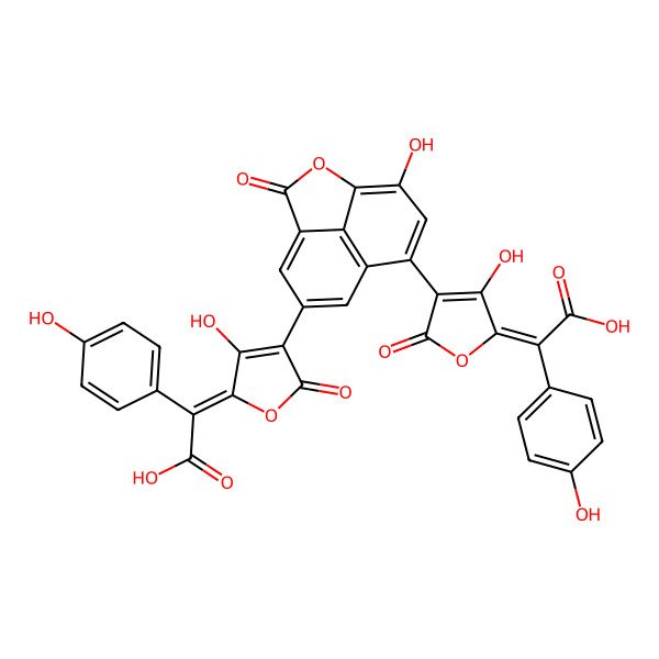 2D Structure of 2-[4-[9-[5-[Carboxy-(4-hydroxyphenyl)methylidene]-4-hydroxy-2-oxofuran-3-yl]-11-hydroxy-3-oxo-2-oxatricyclo[6.3.1.04,12]dodeca-1(11),4,6,8(12),9-pentaen-6-yl]-3-hydroxy-5-oxofuran-2-ylidene]-2-(4-hydroxyphenyl)acetic acid