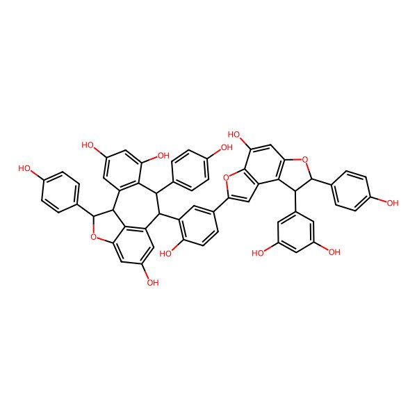 2D Structure of 9-[5-[8-(3,5-Dihydroxyphenyl)-4-hydroxy-7-(4-hydroxyphenyl)-7,8-dihydrofuro[3,2-e][1]benzofuran-2-yl]-2-hydroxyphenyl]-8,16-bis(4-hydroxyphenyl)-15-oxatetracyclo[8.6.1.02,7.014,17]heptadeca-2(7),3,5,10(17),11,13-hexaene-4,6,12-triol