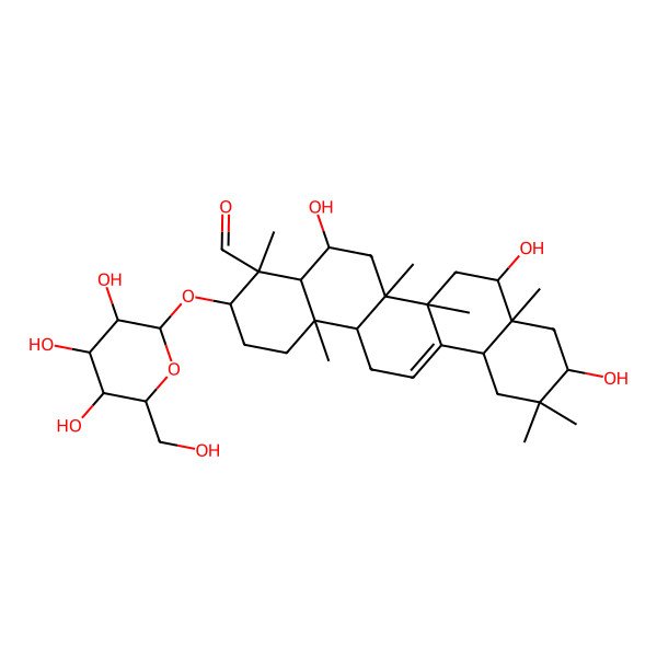 2D Structure of (3S,4S,4aR,5R,6aR,6bS,8S,8aS,10S,12aS,14aR,14bR)-5,8,10-trihydroxy-4,6a,6b,8a,11,11,14b-heptamethyl-3-[(2R,3R,4S,5S,6R)-3,4,5-trihydroxy-6-(hydroxymethyl)oxan-2-yl]oxy-1,2,3,4a,5,6,7,8,9,10,12,12a,14,14a-tetradecahydropicene-4-carbaldehyde