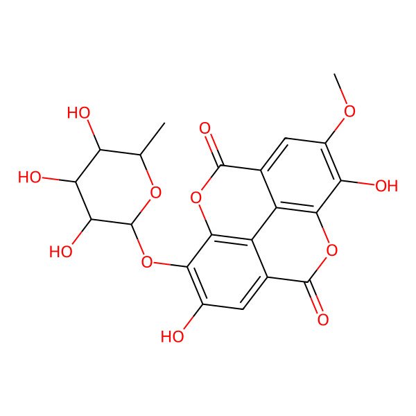 2D Structure of 6,14-Dihydroxy-13-methoxy-7-(3,4,5-trihydroxy-6-methyloxan-2-yl)oxy-2,9-dioxatetracyclo[6.6.2.04,16.011,15]hexadeca-1(15),4,6,8(16),11,13-hexaene-3,10-dione