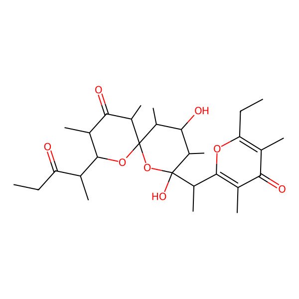 2D Structure of (2S,3S,4R,5R,6R,8R,9R,11R)-2-[(1S)-1-(6-ethyl-3,5-dimethyl-4-oxopyran-2-yl)ethyl]-2,4-dihydroxy-3,5,9,11-tetramethyl-8-[(2R)-3-oxopentan-2-yl]-1,7-dioxaspiro[5.5]undecan-10-one