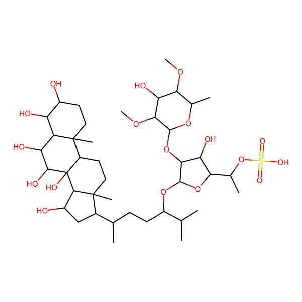 2D Structure of [(1R)-1-[(2R,3S,4R,5R)-5-[(3S,6R)-6-[(3S,4R,5R,6R,7R,8S,9R,10S,13R,14S,15R,17R)-3,4,6,7,8,15-hexahydroxy-10,13-dimethyl-1,2,3,4,5,6,7,9,11,12,14,15,16,17-tetradecahydrocyclopenta[a]phenanthren-17-yl]-2-methylheptan-3-yl]oxy-3-hydroxy-4-[(2S,3R,4S,5S,6R)-4-hydroxy-3,5-dimethoxy-6-methyloxan-2-yl]oxyoxolan-2-yl]ethyl] hydrogen sulfate