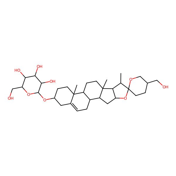 2D Structure of 2-(Hydroxymethyl)-6-[5'-(hydroxymethyl)-7,9,13-trimethylspiro[5-oxapentacyclo[10.8.0.02,9.04,8.013,18]icos-18-ene-6,2'-oxane]-16-yl]oxyoxane-3,4,5-triol