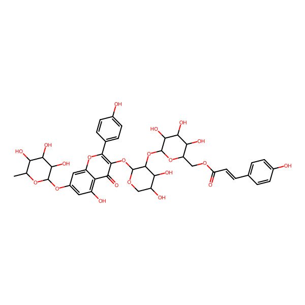 2D Structure of [(2R,3S,4S,5R,6S)-6-[(2S,3R,4S,5R)-4,5-dihydroxy-2-[5-hydroxy-2-(4-hydroxyphenyl)-4-oxo-7-[(2S,3R,4R,5R,6S)-3,4,5-trihydroxy-6-methyloxan-2-yl]oxychromen-3-yl]oxyoxan-3-yl]oxy-3,4,5-trihydroxyoxan-2-yl]methyl (E)-3-(4-hydroxyphenyl)prop-2-enoate