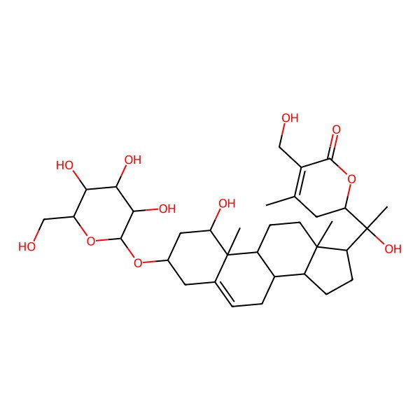 2D Structure of (2R)-2-[(1R)-1-hydroxy-1-[(1S,3R,8S,9S,10R,13S,14S,17S)-1-hydroxy-10,13-dimethyl-3-[(2R,3R,4S,5S,6R)-3,4,5-trihydroxy-6-(hydroxymethyl)oxan-2-yl]oxy-2,3,4,7,8,9,11,12,14,15,16,17-dodecahydro-1H-cyclopenta[a]phenanthren-17-yl]ethyl]-5-(hydroxymethyl)-4-methyl-2,3-dihydropyran-6-one