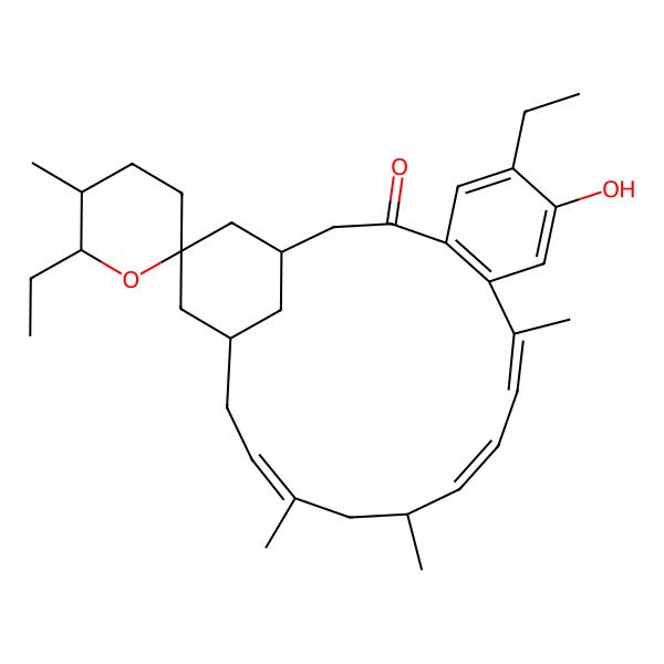 2D Structure of (1'S,2S,5S,6R,10'E,12'E,14'R,16'E,19'S)-6,6'-diethyl-7'-hydroxy-5,10',14',16'-tetramethylspiro[oxane-2,21'-tricyclo[17.3.1.04,9]tricosa-4(9),5,7,10,12,16-hexaene]-3'-one