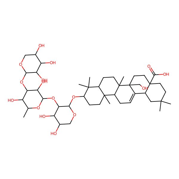 2D Structure of 10-[3-[3,5-Dihydroxy-6-methyl-4-(3,4,5-trihydroxyoxan-2-yl)oxyoxan-2-yl]oxy-4,5-dihydroxyoxan-2-yl]oxy-6a-(hydroxymethyl)-2,2,6b,9,9,12a-hexamethyl-1,3,4,5,6,6a,7,8,8a,10,11,12,13,14b-tetradecahydropicene-4a-carboxylic acid