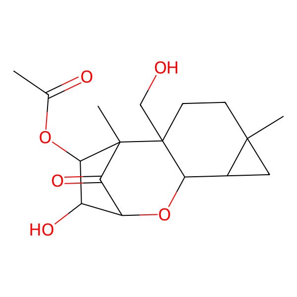 2D Structure of [11-Hydroxy-2-(hydroxymethyl)-1,5-dimethyl-13-oxo-9-oxatetracyclo[8.2.1.02,8.05,7]tridecan-12-yl] acetate