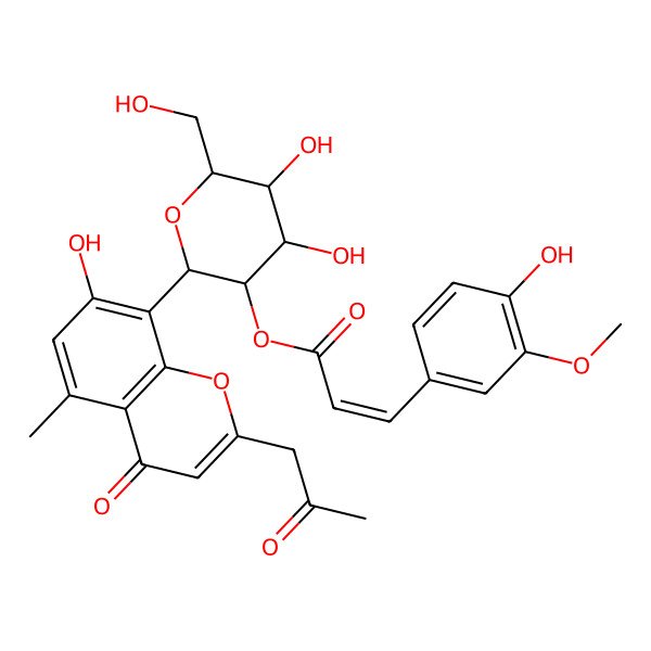 2D Structure of [(2S,3R,4S,5S,6R)-4,5-dihydroxy-6-(hydroxymethyl)-2-[7-hydroxy-5-methyl-4-oxo-2-(2-oxopropyl)chromen-8-yl]oxan-3-yl] (E)-3-(4-hydroxy-3-methoxyphenyl)prop-2-enoate