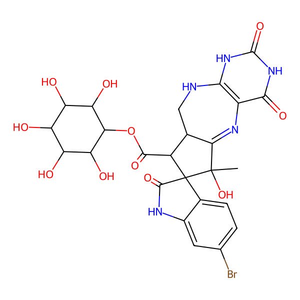 2D Structure of 2,3,4,5,6-Pentahydroxycyclohexyl 6'-bromo-2,2',4,6-tetrahydroxy-6-methyl-8,8a,9,10-tetrahydro-6H-spiro[cyclopenta[e]pyrimido[4,5-b][1,4]diazepine-7,3'-indole]-8-carboxylate