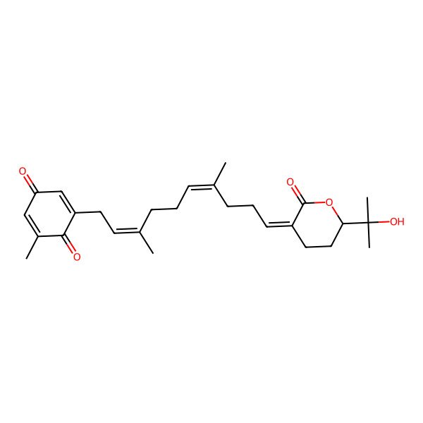 2D Structure of 2-[(2E,6E,10Z)-10-[(6R)-6-(2-hydroxypropan-2-yl)-2-oxooxan-3-ylidene]-3,7-dimethyldeca-2,6-dienyl]-6-methylcyclohexa-2,5-diene-1,4-dione