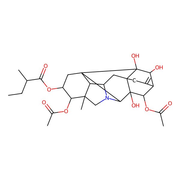 2D Structure of [(1R,3R,4S,5S,8S,9R,10S,11R,14R,16S,17R,18R,19R)-4,10-diacetyloxy-9,18,19-trihydroxy-5-methyl-12-methylidene-7-azaheptacyclo[9.6.2.01,8.05,17.07,16.09,14.014,18]nonadecan-3-yl] (2R)-2-methylbutanoate