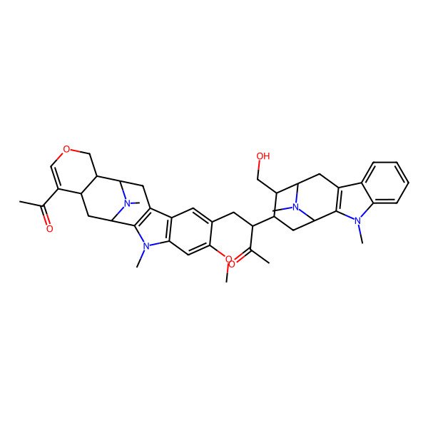 2D Structure of 4-(17-Acetyl-6-methoxy-3,20-dimethyl-15-oxa-3,20-diazapentacyclo[10.7.1.02,10.04,9.013,18]icosa-2(10),4(9),5,7,16-pentaen-7-yl)-3-[13-(hydroxymethyl)-3,16-dimethyl-3,16-diazatetracyclo[10.3.1.02,10.04,9]hexadeca-2(10),4,6,8-tetraen-14-yl]butan-2-one