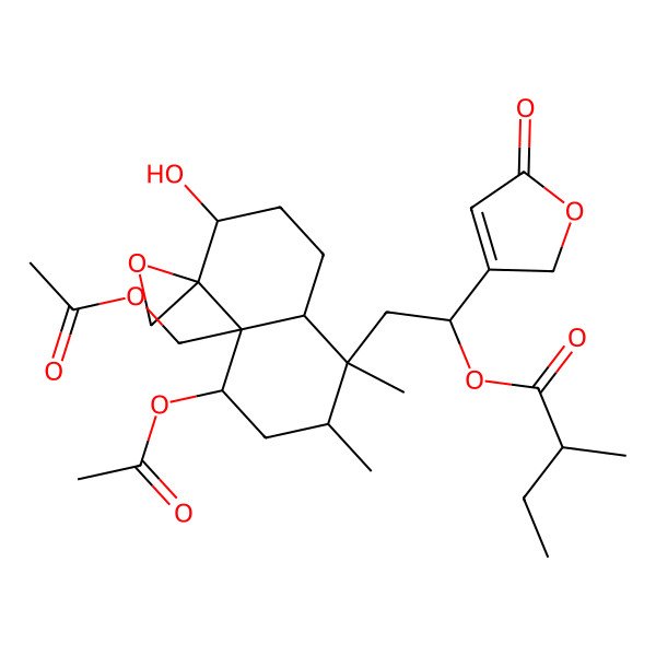 2D Structure of [(1S)-2-[(1S,2R,4S,4aR,5R,6R,8aR)-4-acetyloxy-4a-(acetyloxymethyl)-6-hydroxy-1,2-dimethylspiro[3,4,6,7,8,8a-hexahydro-2H-naphthalene-5,2'-oxirane]-1-yl]-1-(5-oxo-2H-furan-3-yl)ethyl] (2R)-2-methylbutanoate