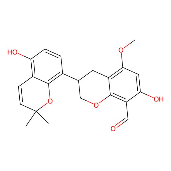 2D Structure of (3S)-7-hydroxy-3-(5-hydroxy-2,2-dimethylchromen-8-yl)-5-methoxy-3,4-dihydro-2H-chromene-8-carbaldehyde