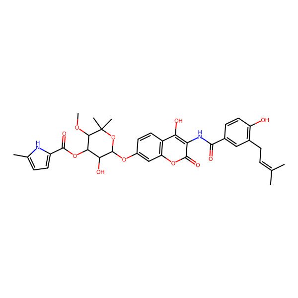 2D Structure of [5-hydroxy-6-[4-hydroxy-3-[[4-hydroxy-3-(3-methylbut-2-enyl)benzoyl]amino]-2-oxochromen-7-yl]oxy-3-methoxy-2,2-dimethyloxan-4-yl] 5-methyl-1H-pyrrole-2-carboxylate