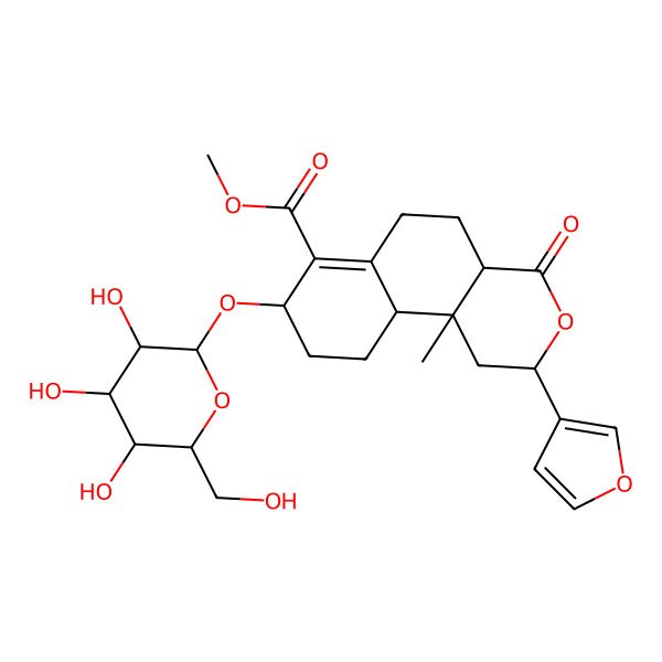 2D Structure of methyl (2S,4aR,8R,10aS,10bS)-2-(furan-3-yl)-10b-methyl-4-oxo-8-[(2R,3R,4S,5S,6R)-3,4,5-trihydroxy-6-(hydroxymethyl)oxan-2-yl]oxy-2,4a,5,6,8,9,10,10a-octahydro-1H-benzo[f]isochromene-7-carboxylate