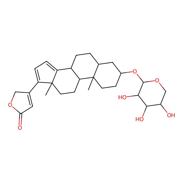 2D Structure of 3-[(3S,5R,8R,9S,10S,13S)-10,13-dimethyl-3-[(2S,3R,4S,5R)-3,4,5-trihydroxyoxan-2-yl]oxy-2,3,4,5,6,7,8,9,11,12-decahydro-1H-cyclopenta[a]phenanthren-17-yl]-2H-furan-5-one