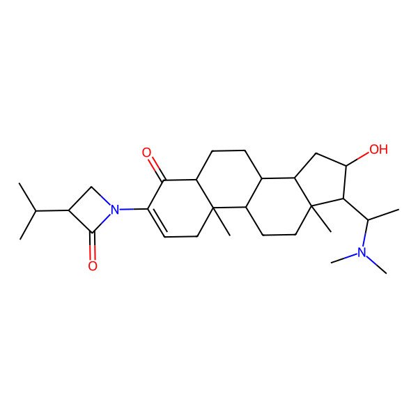 2D Structure of (3R)-1-[(5S,8R,9S,10R,13S,14S,16R,17S)-17-[(1S)-1-(dimethylamino)ethyl]-16-hydroxy-10,13-dimethyl-4-oxo-1,5,6,7,8,9,11,12,14,15,16,17-dodecahydrocyclopenta[a]phenanthren-3-yl]-3-propan-2-ylazetidin-2-one