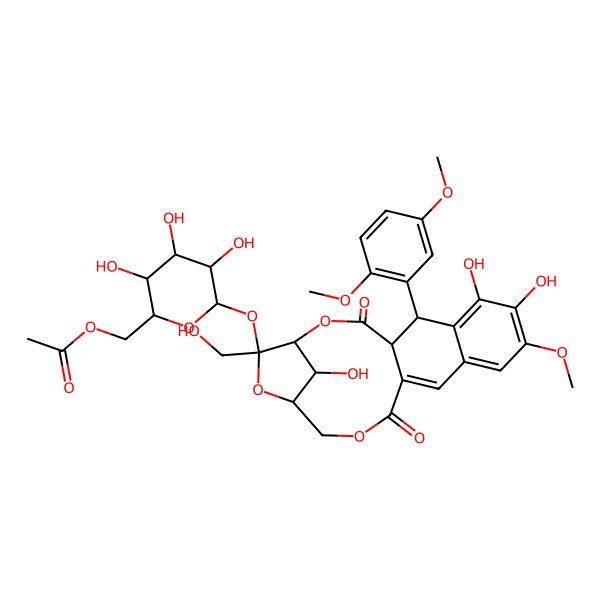 2D Structure of [(2R,3S,4S,5R,6R)-6-[[(1S,4R,5S,17R,19S,20R)-5-(2,5-dimethoxyphenyl)-7,8,20-trihydroxy-19-(hydroxymethyl)-9-methoxy-3,14-dioxo-2,15,18-trioxatetracyclo[15.2.1.04,13.06,11]icosa-6,8,10,12-tetraen-19-yl]oxy]-3,4,5-trihydroxyoxan-2-yl]methyl acetate