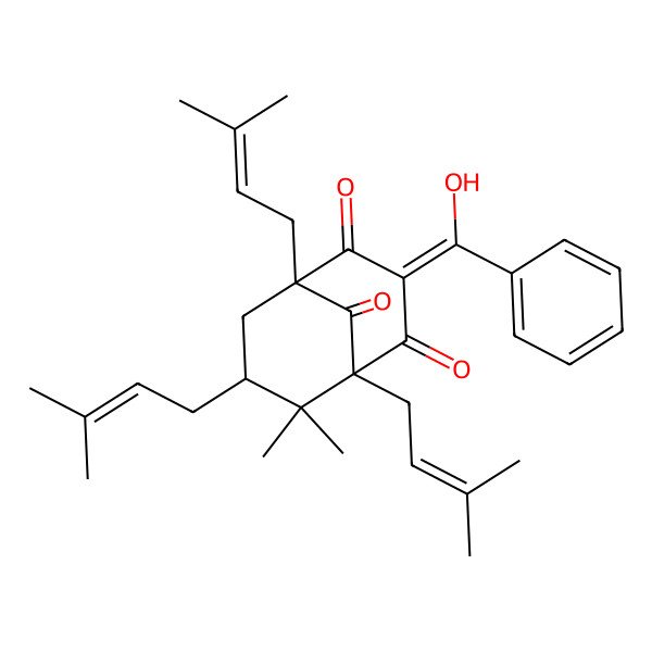 2D Structure of (1S,5R,7S)-3-[hydroxy(phenyl)methylidene]-6,6-dimethyl-1,5,7-tris(3-methylbut-2-enyl)bicyclo[3.3.1]nonane-2,4,9-trione