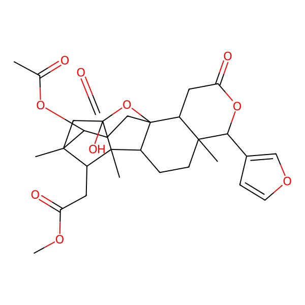 2D Structure of methyl 2-[(1S,2R,6R,7R,10R,11S,12S,14R,15S,19S)-15-acetyloxy-6-(furan-3-yl)-12-hydroxy-7,11,14-trimethyl-4,16-dioxo-5,18-dioxapentacyclo[10.5.1.111,14.01,10.02,7]nonadecan-19-yl]acetate