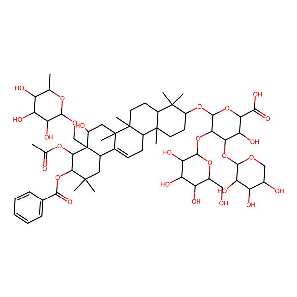 2D Structure of (2S,3S,4S,5R,6R)-6-[[(3S,4aR,6aR,6bS,8R,8aR,9S,10R,12aS,14aR,14bR)-9-acetyloxy-10-benzoyloxy-8-hydroxy-4,4,6a,6b,11,11,14b-heptamethyl-8a-[[(2R,3R,4R,5R,6S)-3,4,5-trihydroxy-6-methyloxan-2-yl]oxymethyl]-1,2,3,4a,5,6,7,8,9,10,12,12a,14,14a-tetradecahydropicen-3-yl]oxy]-3-hydroxy-5-[(2S,3R,4S,5R,6R)-3,4,5-trihydroxy-6-(hydroxymethyl)oxan-2-yl]oxy-4-[(2S,3R,4S,5R)-3,4,5-trihydroxyoxan-2-yl]oxyoxane-2-carboxylic acid