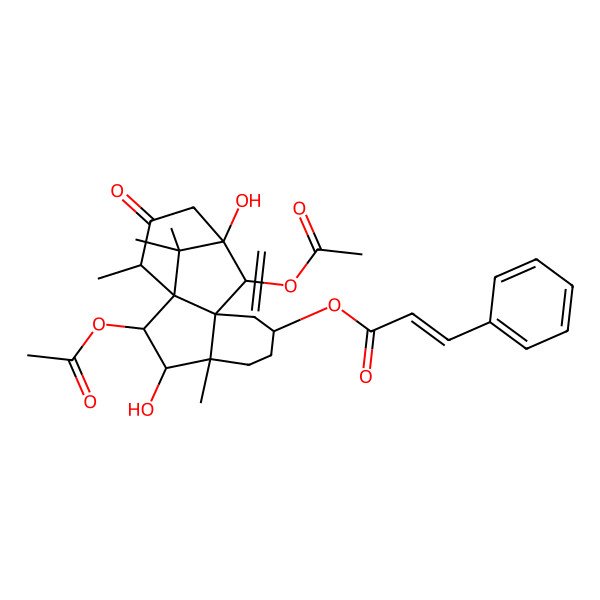2D Structure of (2,10-Diacetyloxy-3,11-dihydroxy-4,14,15,15-tetramethyl-8-methylidene-13-oxo-7-tetracyclo[9.3.1.01,9.04,9]pentadecanyl) 3-phenylprop-2-enoate