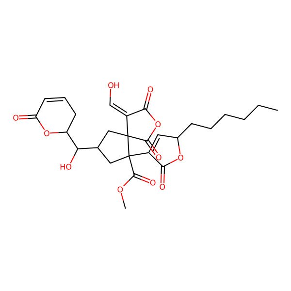 2D Structure of methyl 9-(2-hexyl-5-oxo-2H-furan-4-yl)-4-(hydroxymethylidene)-7-[hydroxy-(6-oxo-2,3-dihydropyran-2-yl)methyl]-1,3-dioxo-2-oxaspiro[4.4]nonane-9-carboxylate