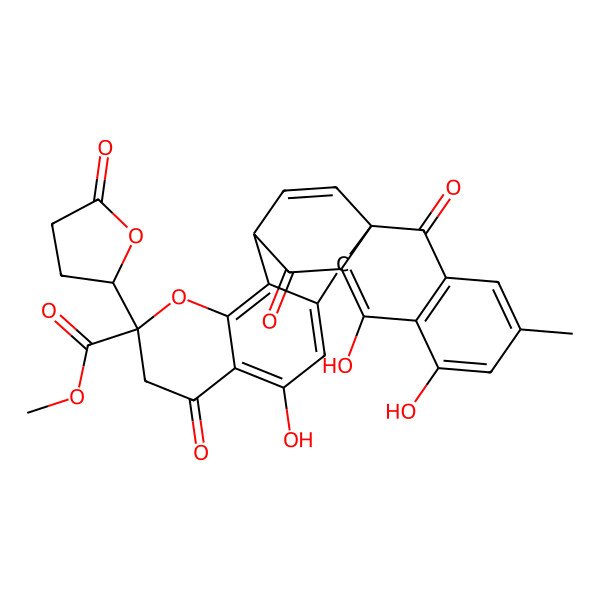 2D Structure of Methyl 5,16,18-trihydroxy-20-methyl-7,14,23-trioxo-9-(5-oxooxolan-2-yl)-10-oxahexacyclo[11.10.2.01,15.03,12.06,11.017,22]pentacosa-3,5,11,15,17(22),18,20,24-octaene-9-carboxylate