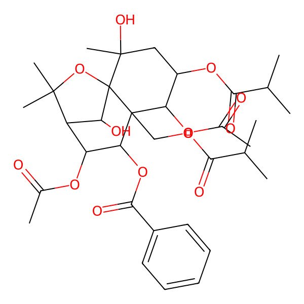 2D Structure of [(1S,2S,4S,5R,6S,7S,8S,9S,12R)-5,8-diacetyloxy-2,12-dihydroxy-2,10,10-trimethyl-4-(2-methylpropanoyloxy)-6-(2-methylpropanoyloxymethyl)-11-oxatricyclo[7.2.1.01,6]dodecan-7-yl] benzoate