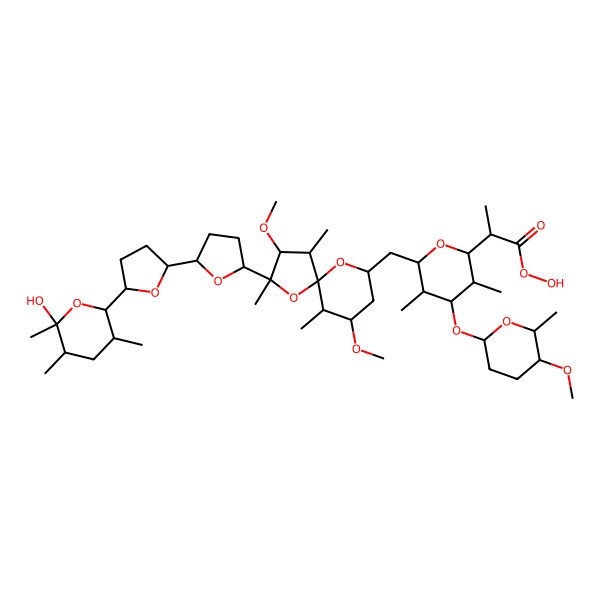2D Structure of (2R)-2-[(3S,4R,5R,6S)-6-[[(2R,3R,4R,6R,7R,9S)-2-[5-[5-[(3S,5R,6S)-6-hydroxy-3,5,6-trimethyloxan-2-yl]oxolan-2-yl]oxolan-2-yl]-3,7-dimethoxy-2,4,6-trimethyl-1,10-dioxaspiro[4.5]decan-9-yl]methyl]-4-[(2S,5S,6R)-5-methoxy-6-methyloxan-2-yl]oxy-3,5-dimethyloxan-2-yl]propaneperoxoic acid