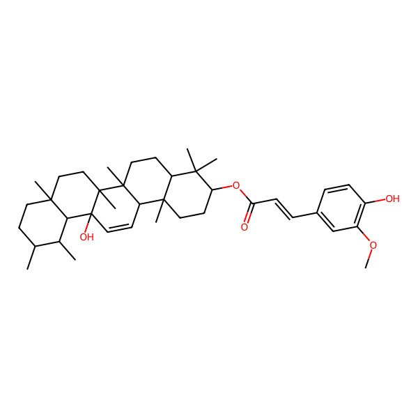 2D Structure of [(3S,4aS,6aR,6aS,6bS,8aR,11R,12S,12aS,14aR,14bS)-6a-hydroxy-4,4,6a,6b,8a,11,12,14b-octamethyl-1,2,3,4a,5,6,7,8,9,10,11,12,12a,14a-tetradecahydropicen-3-yl] (E)-3-(4-hydroxy-3-methoxyphenyl)prop-2-enoate