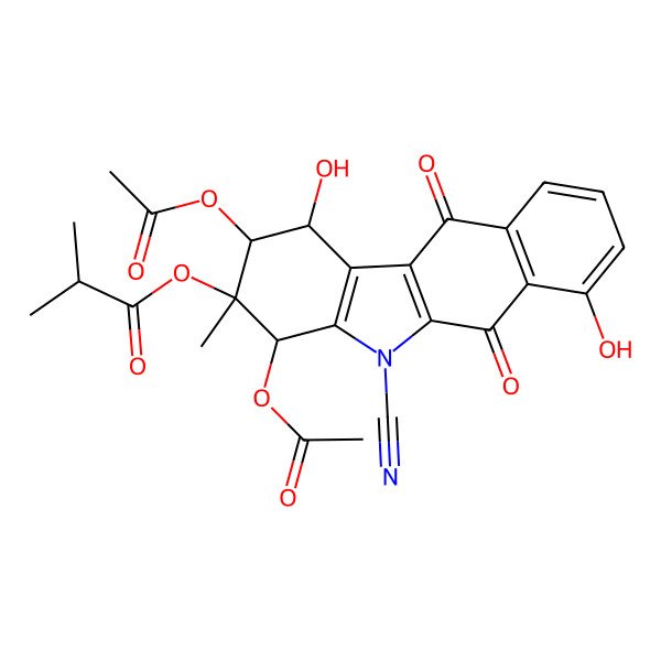 2D Structure of (2,4-diacetyloxy-5-cyano-1,7-dihydroxy-3-methyl-6,11-dioxo-2,4-dihydro-1H-benzo[b]carbazol-3-yl) 2-methylpropanoate
