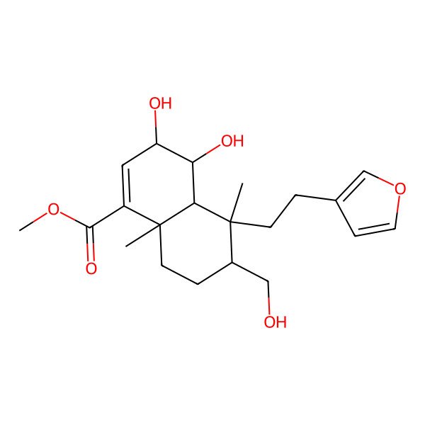 2D Structure of Methyl 5-[2-(furan-3-yl)ethyl]-3,4-dihydroxy-6-(hydroxymethyl)-5,8a-dimethyl-3,4,4a,6,7,8-hexahydronaphthalene-1-carboxylate