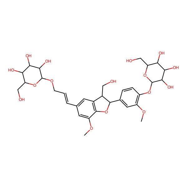 2D Structure of 2-(Hydroxymethyl)-6-[3-[3-(hydroxymethyl)-7-methoxy-2-[3-methoxy-4-[3,4,5-trihydroxy-6-(hydroxymethyl)oxan-2-yl]oxyphenyl]-2,3-dihydro-1-benzofuran-5-yl]prop-2-enoxy]oxane-3,4,5-triol